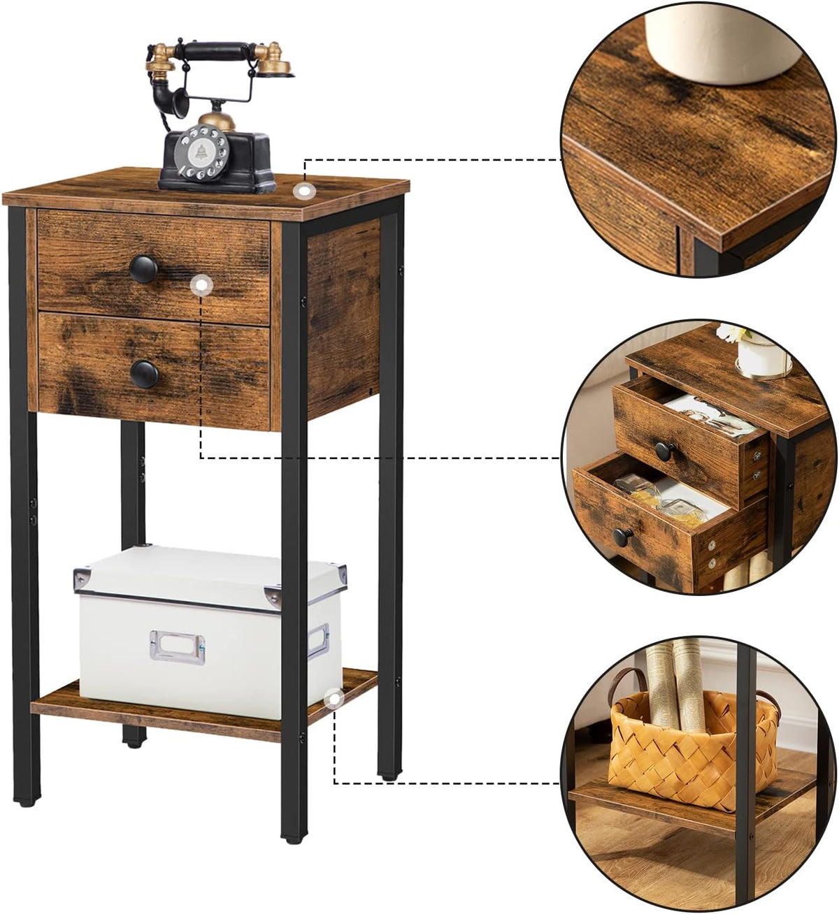 Signature Home Bijzettafel met 2 Lades en Opbergplanken – Hoge Telefoontafel en Nachtkastje – Smalle Sofatafel met Stevig Metalen Frame voor Woonkamer en Slaapkamer – Donkerbruin