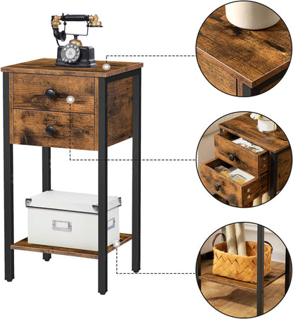 Signature Home Bijzettafel met 2 Lades en Opbergplanken – Hoge Telefoontafel en Nachtkastje – Smalle Sofatafel met Stevig Metalen Frame voor Woonkamer en Slaapkamer – Donkerbruin