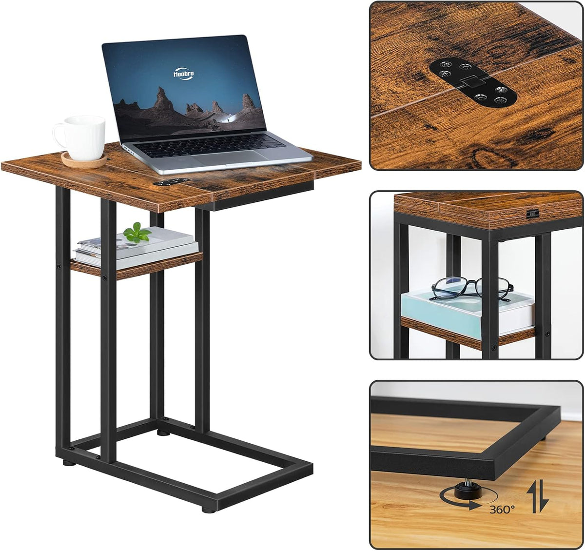 Signature Home C-Vormige Bijzettafel – Opvouwbare Sofa Tafel met Opbergplank – Smalle Salontafel & Snacktafel – Bedtafel voor Woonkamer en Slaapkamer – Ruimtebesparend Design