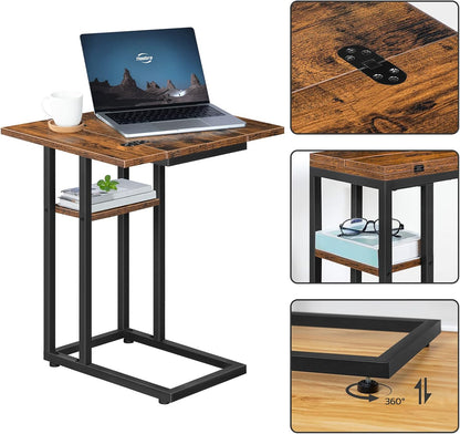 Signature Home C-Vormige Bijzettafel – Opvouwbare Sofa Tafel met Opbergplank – Smalle Salontafel & Snacktafel – Bedtafel voor Woonkamer en Slaapkamer – Ruimtebesparend Design
