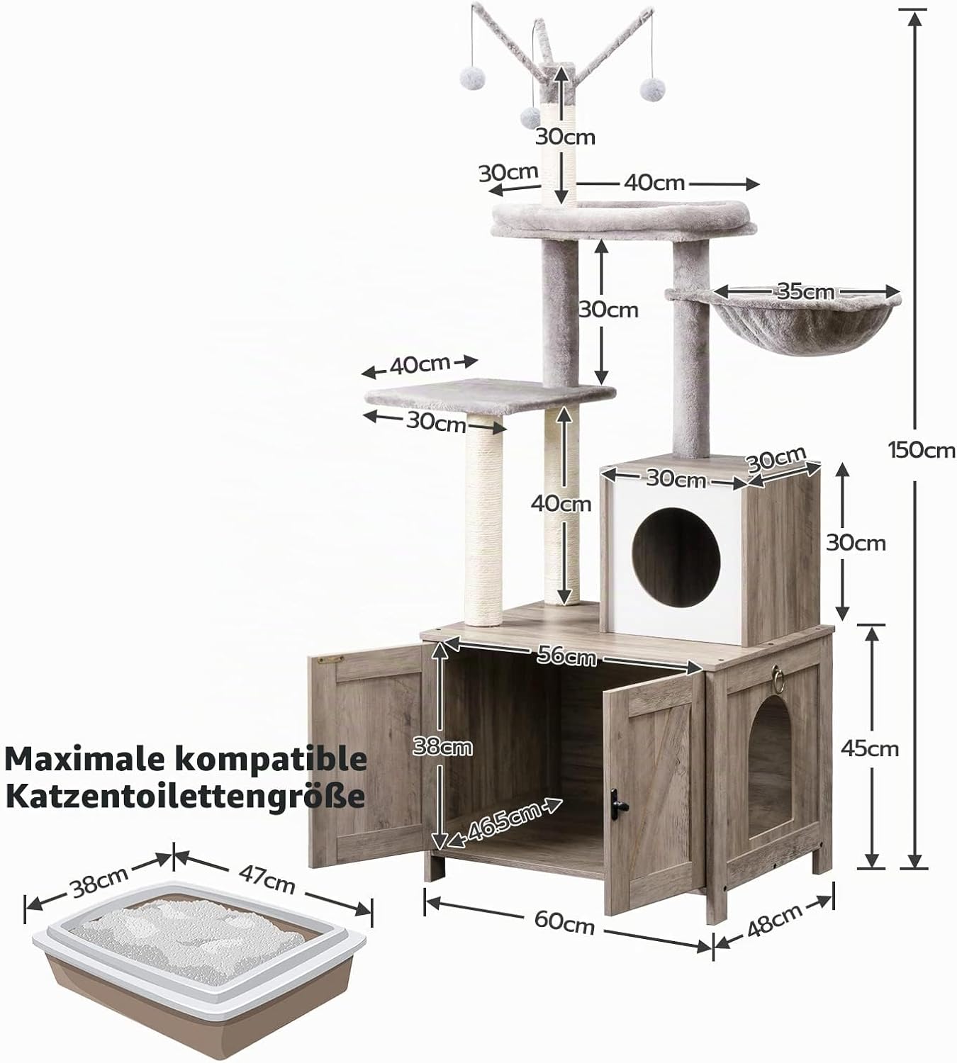 Signaature Home Kattenkrabpaal met Kattenbakmeubel 2-in-1 – 150 cm Hoge Kattenboom met Verborgen Kattenbak, Sisalpalen, Uitneembare Pluche Bal en Kast – Greige