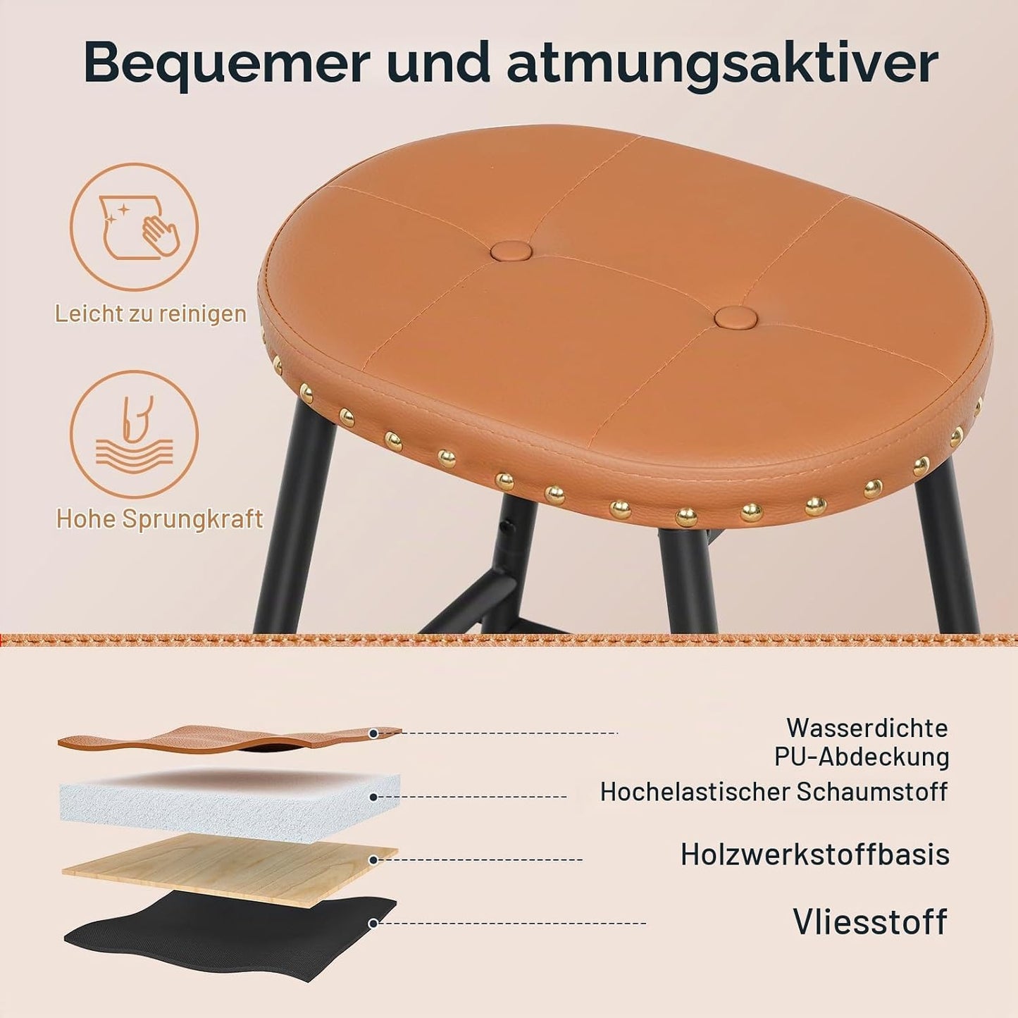 Signature Home Set van 2 Barkrukken met PU Leren Zitting – Industriële Barstoelen met Voetensteun – Keukenkrukken voor Keukeneiland, Bar, Eetkamer & Restaurant – Stevig Metalen Frame – Bruin/Zwart