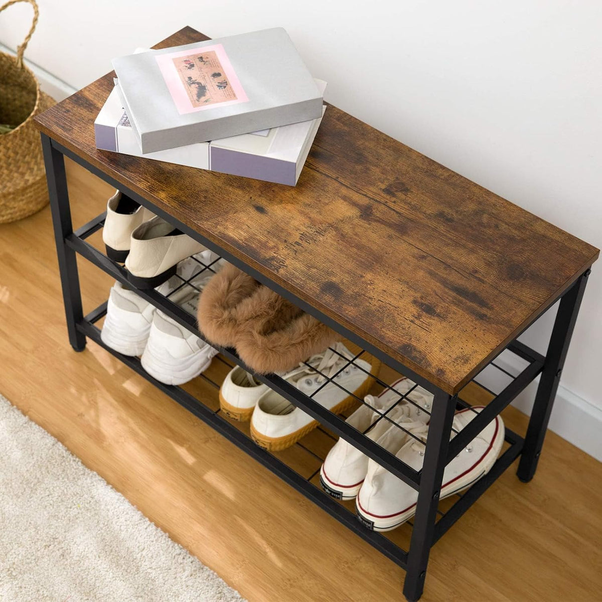 Signature Home Kledingrek met Kledingstang en Opbergplank – Vrijstaand Metalen Garderoberek met Haken – Stevig Industrieel Kledingrek – Multifunctionele Kapstok en Kledingstandaard voor Slaapkamer, Hal en Garderobe – Rustiek Bruin