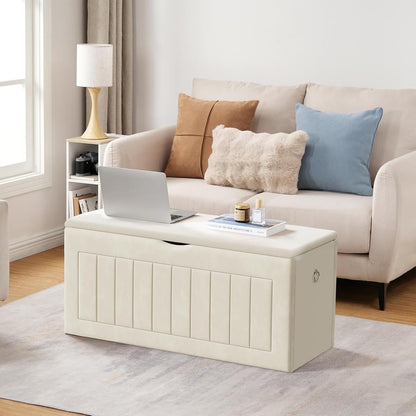 Signature Home 100 cm Speelgoedkist met Fluwelen Bekleding – Opbergbank met Scharnier en Handgrepen, Schoenenbank met Opbergruimte voor Kinderkamer en Woonkamer – Beige