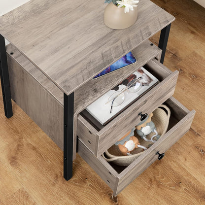 Signature Home Nachtkastje met Stopcontacten en USB-Poorten – Bijzettafel met Lade en Opbergplank – Smalle Sidetable & Salontafel met Oplaadstation – Ruimtebesparend voor Slaapkamer en Woonkamer – Eenvoudig te Monteren