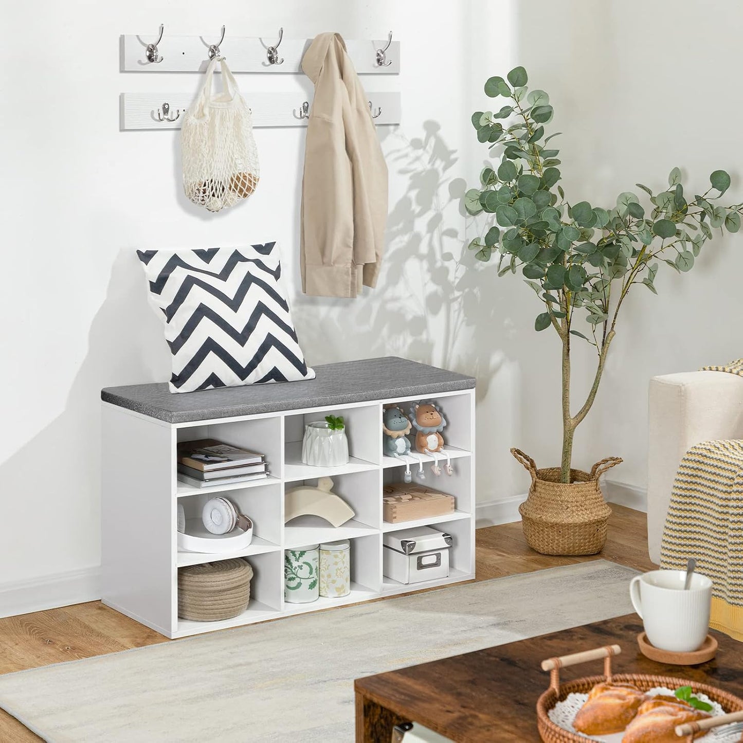 Signature Home Garderobeset met Schoenenrek en Zitbank – Schoenenbank met 9 Vakken, Zacht Gewatteerd Zitkussen, Wandkapstok met 9 Haken, Schoenenkast voor Hal, Entree en Slaapkamer, Wit