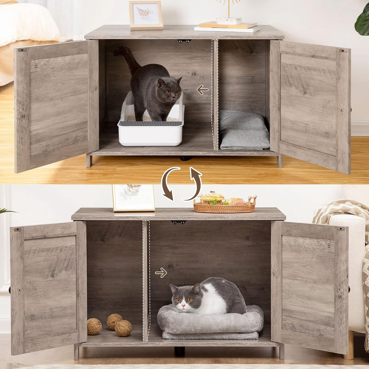 Signature Home Kattenbak Meubel met Deur en Scheidingswand – Kattenbak Kast & Kattenhuis – Stevige Kattenkast met Opbergruimte – Kattenbak Ombouw, Opbergbank & Nachtkastje – Greige