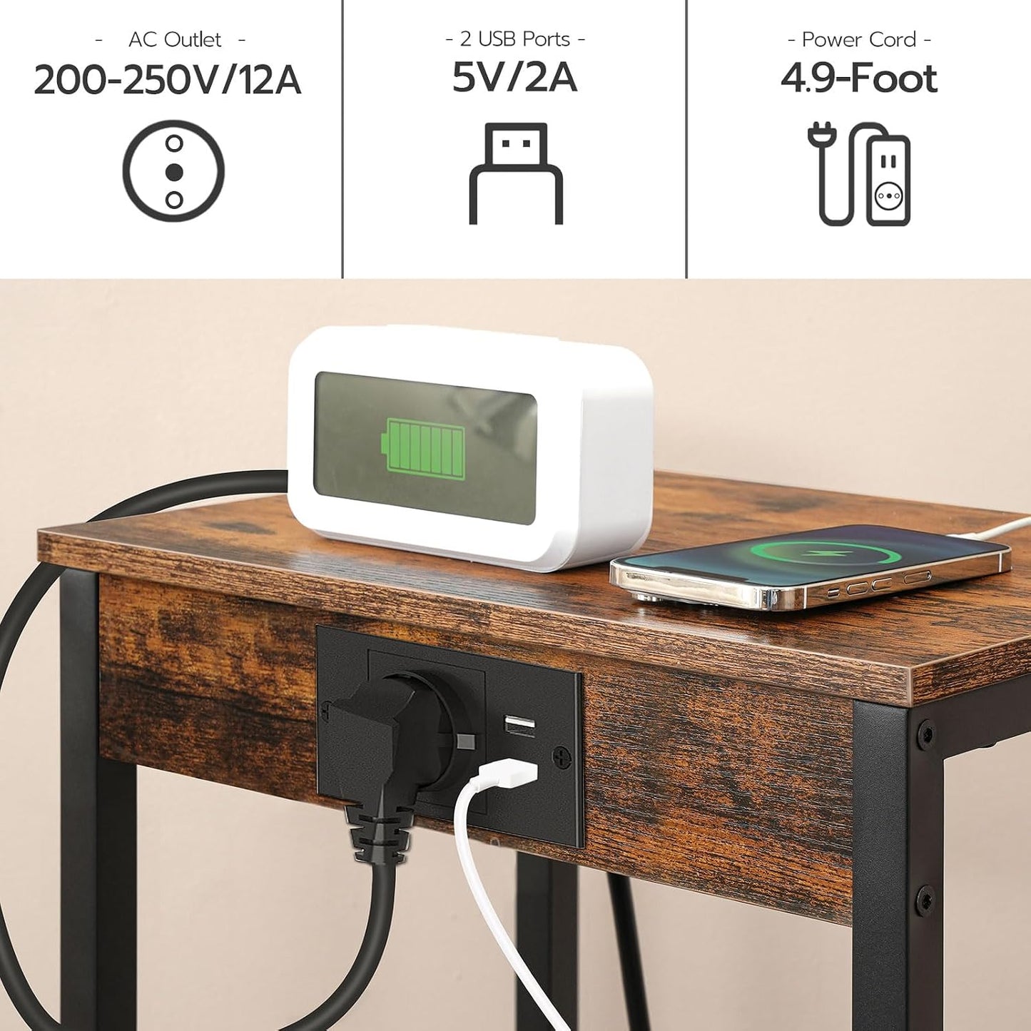 Signature Home Bijzettafel met Oplaadstation en Stopcontact – Smal Nachtkastje met Netplank – Hoge Telefoontafel voor Woonkamer en Slaapkamer – Vintage Bruin/Zwart