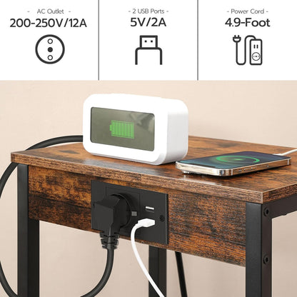 Signature Home Bijzettafel met Oplaadstation en Stopcontact – Smal Nachtkastje met Netplank – Hoge Telefoontafel voor Woonkamer en Slaapkamer – Vintage Bruin/Zwart