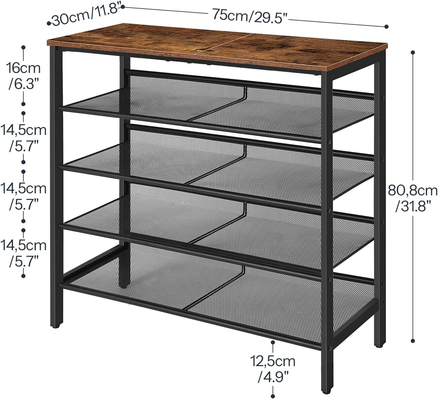 Signature Home Schoenenrek 5-Laags – Schoenenkast met Verstelbare Metalen Gaasplanken en Ruim Bovenblad – Voor 16–20 Paar Schoenen – Voor Entree en Gang – Industrieel Design – Vintage Bruin/Zwart