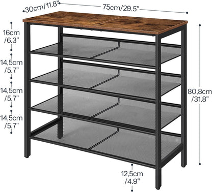 Signature Home Schoenenrek 5-Laags – Schoenenkast met Verstelbare Metalen Gaasplanken en Ruim Bovenblad – Voor 16–20 Paar Schoenen – Voor Entree en Gang – Industrieel Design – Vintage Bruin/Zwart
