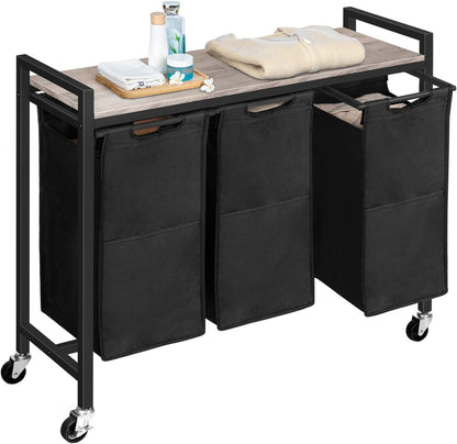 Signature Home Wasmand met 3 Vakken en Opbergplank – Verrijdbare Wasmand met Wielen – 3 x 39,8 L Wasgoedmand – Uitneembare Oxford Stoffen Waszakken – Wassorteerder voor Badkamer en Wasruimte – Greige/Zwart