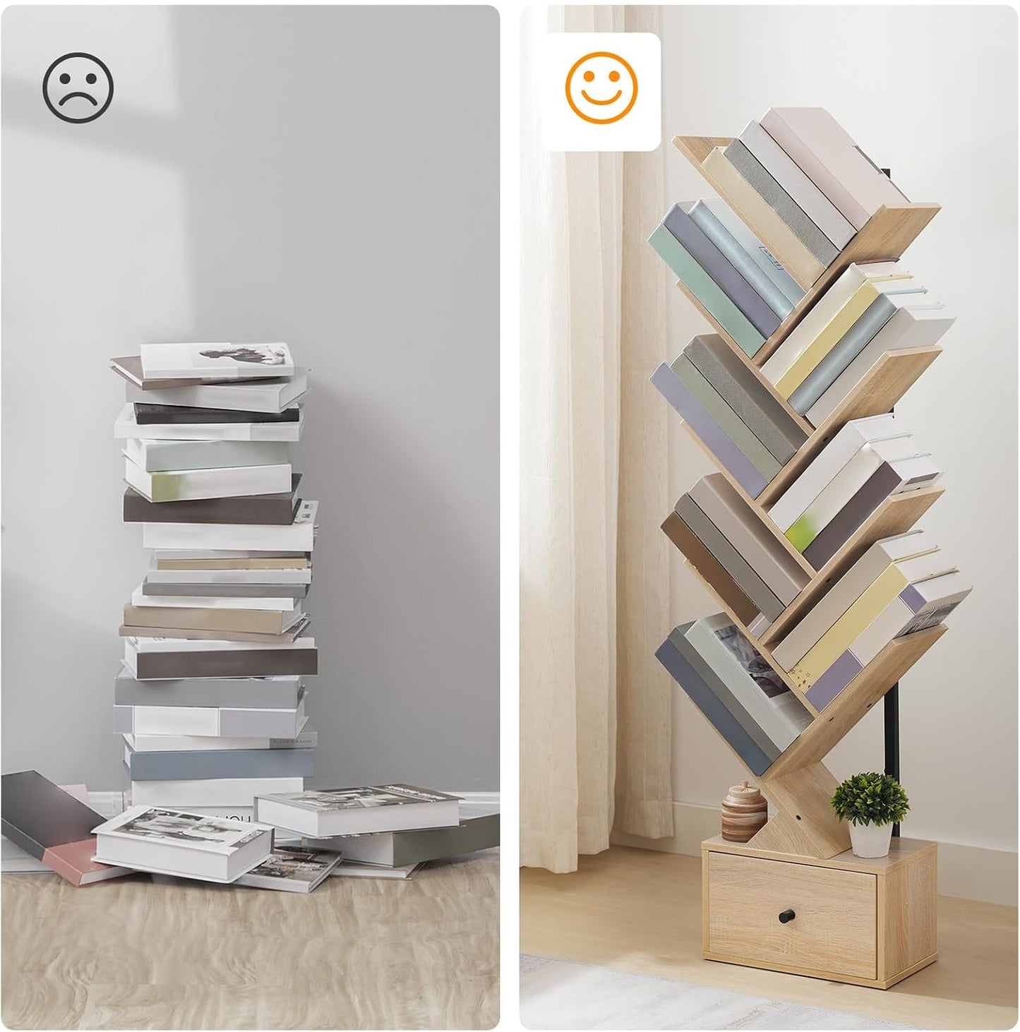 Signature Home 9-Laags Boekenkast met Lade – Vrijstaande Boomvormige Boekenkast, DVD- en Opbergrek voor Woonkamer, Slaapkamer en Kantoor – Naturel Hout & Zwart**