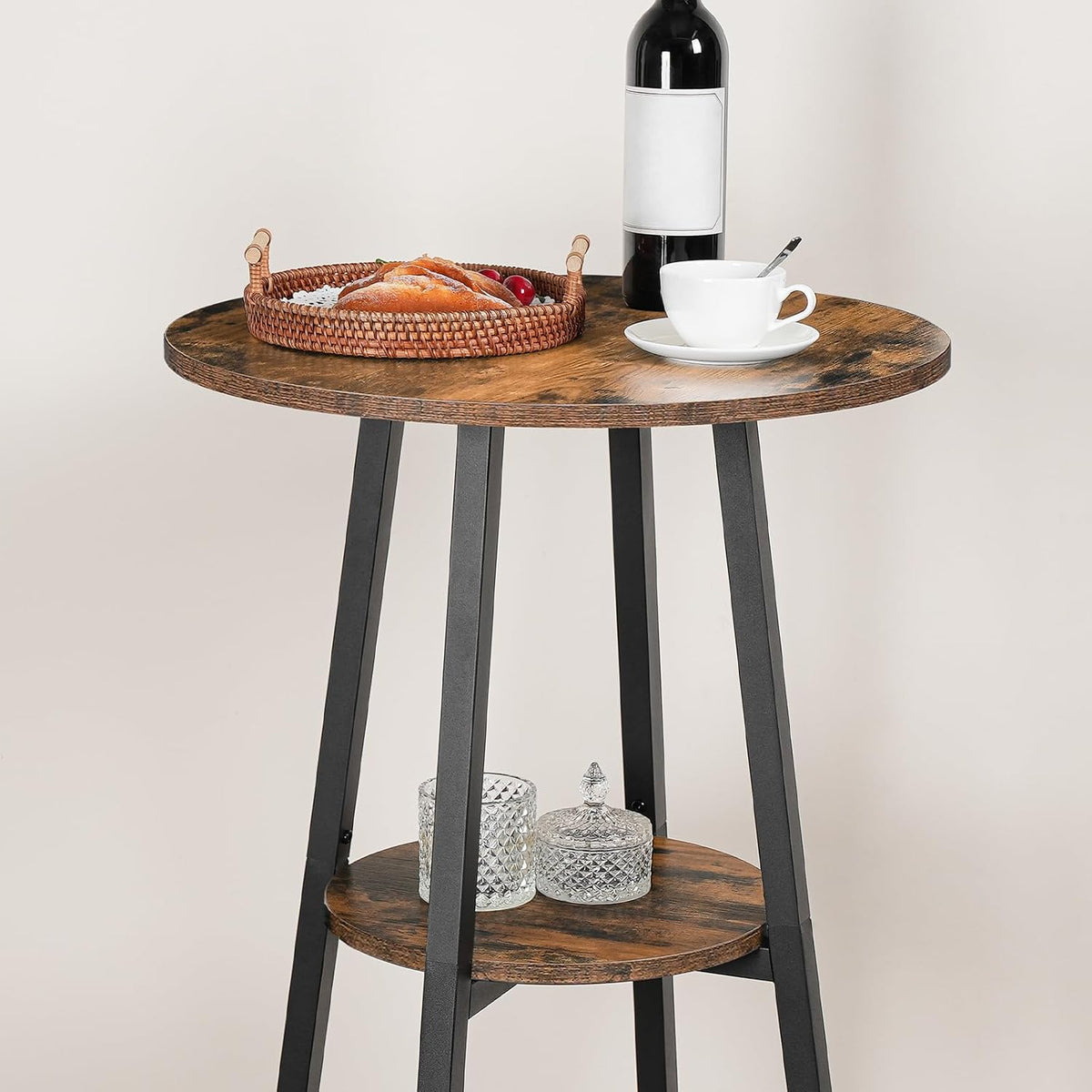 Signature Home Bartafel met 2 Ronde Tafelbladen – Hoge Bistrotafel – Smalle Statafel en Cafétafel – Compacte Bartafel voor Keuken, Woonkamer en Bar – Industrieel Design – Vintage Bruin/Zwart