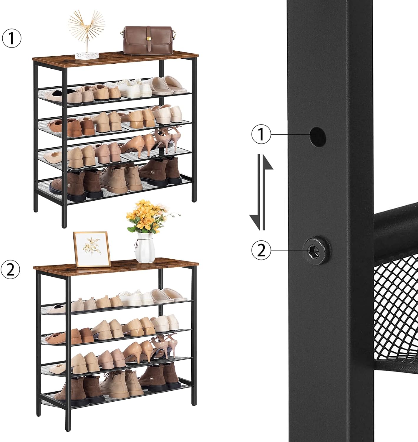 Signature Home Schoenenrek 5 Laags – Verstelbare Schoenenbank met Vlakke en Kantelbare Planken – Stevig Metalen Schoenenrek – Industrieel Schoenenrek voor Hal, Entree, Gang en Slaapkamer