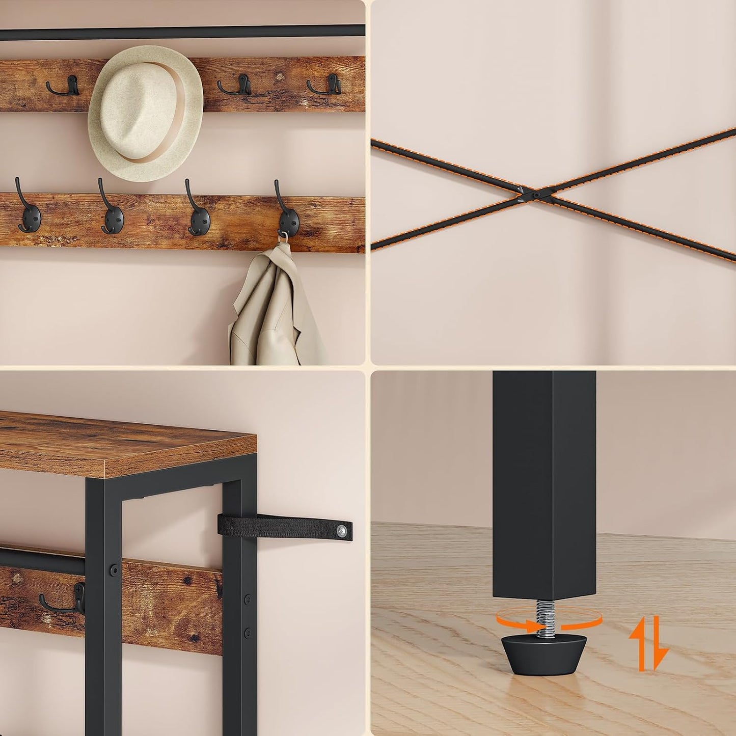 Signature Home Kapstok met schoenenrek en zitbank, 9 dubbele haken, 2 zijhaken, 5 planken en zijvak, voor hal, slaapkamer, woonkamer, zwart en vintage bruin