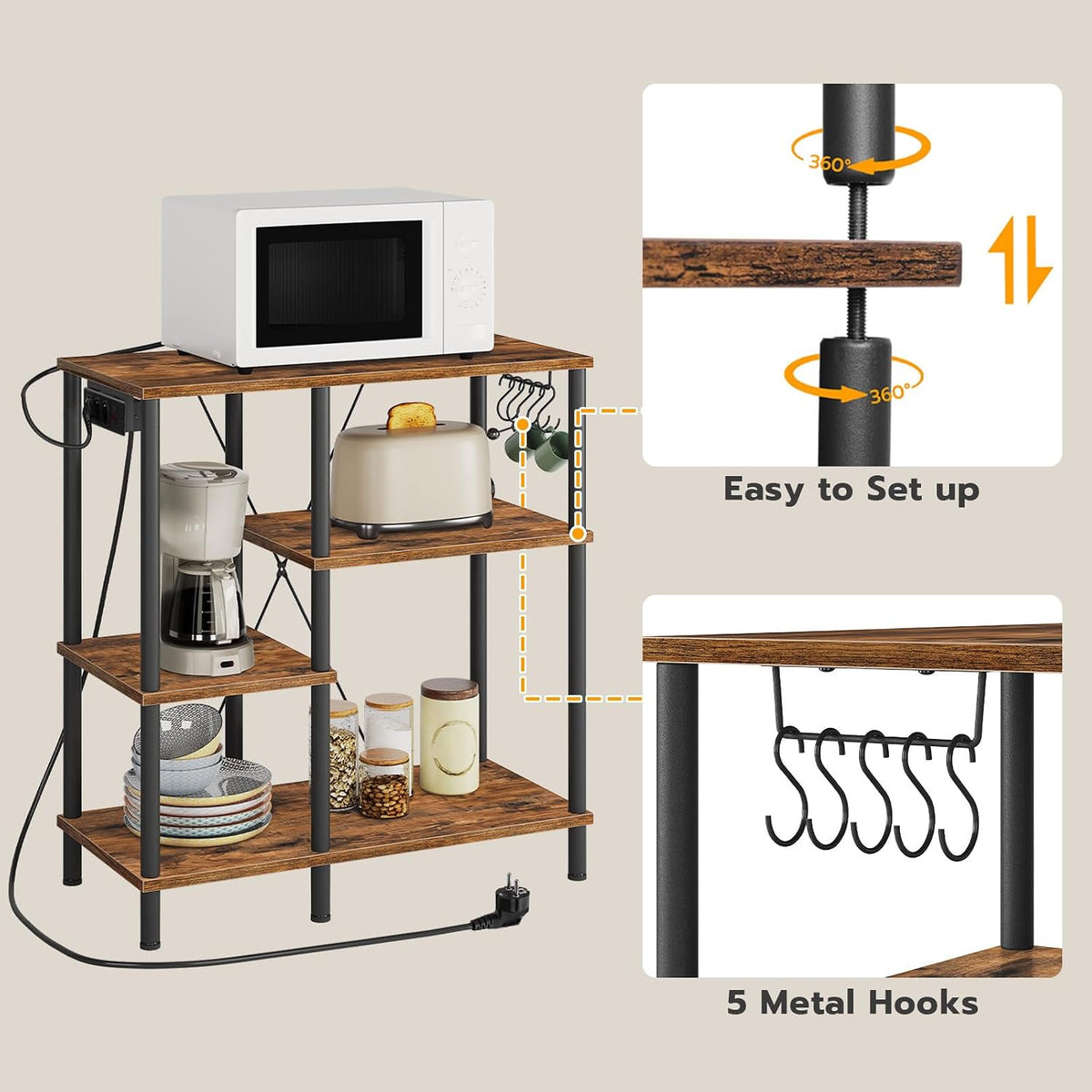 Signature Home Keukenrek met Stopcontacten – Staand Magnetronrek 38 x 80 x 86 cm – Bakkersrek met 5 S-Haken – Opbergrek voor Keuken met Werkblad – Vintage Bruin/Zwart