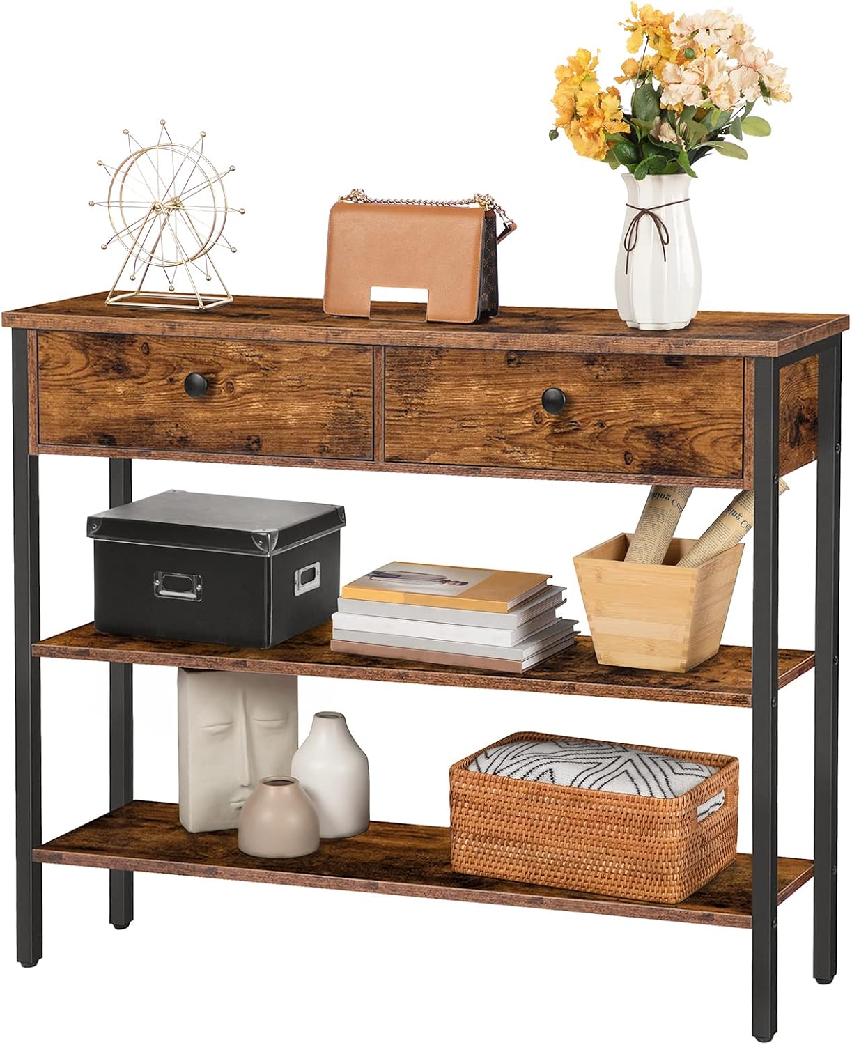 Signature Home Console Tafel met Lade en 2 Opbergplanken – Smalle Haltafel/Sidetable met Stevig Metalen Frame – 100 x 24 x 80 cm – voor Entree, Gang en Woonkamer – Vintage Bruin/Zwart