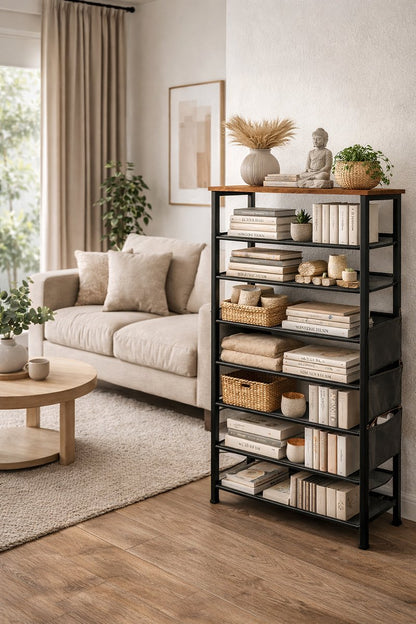Schoenenrek 8 Lagen - Schoenenkast - Open Schoenenkast verstelbaar - Opbergrek - Hout & Metaal - voor 24-32 paar schoenen - Bruin Zwart - 75 x 30 x 137 cm