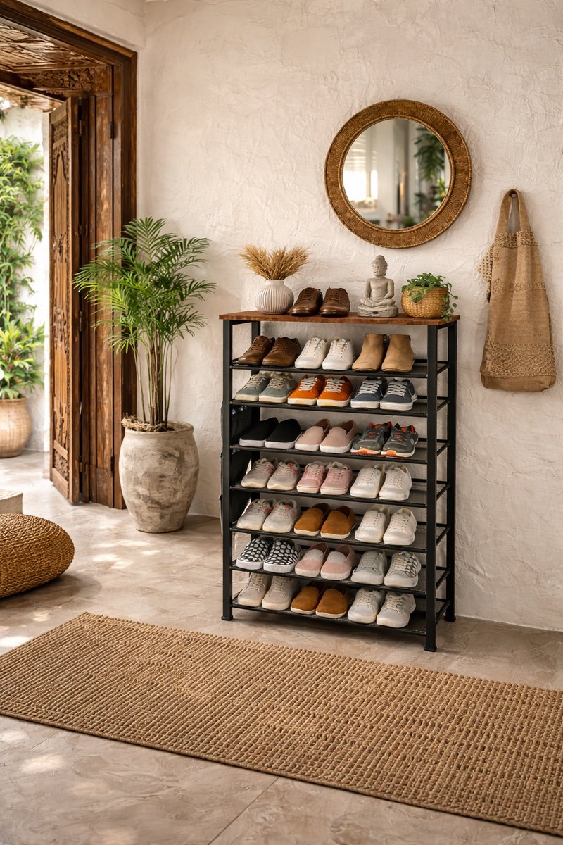 Schoenenrek 8 Lagen - Schoenenkast - Open Schoenenkast verstelbaar - Opbergrek - Hout & Metaal - voor 24-32 paar schoenen - Bruin Zwart - 75 x 30 x 137 cm