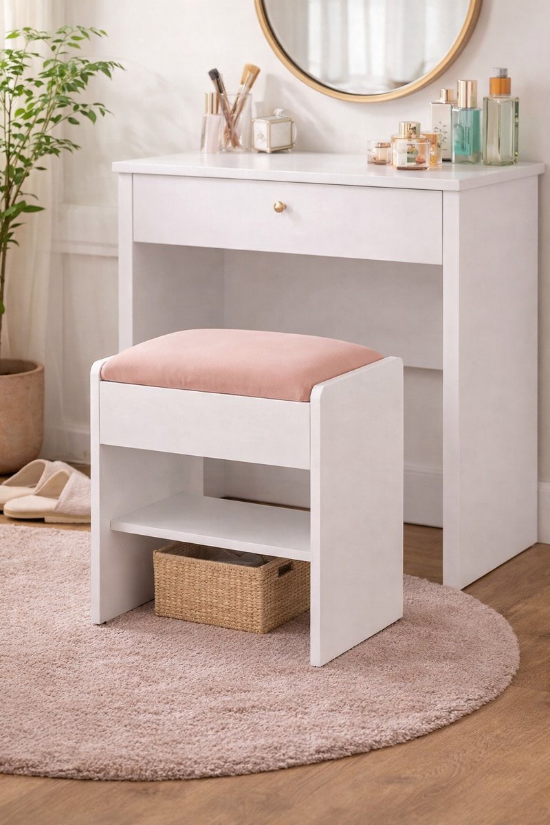 Kaptafel kruk - Make-Up Kruk - Stoel - Krukje Zitmeubelen Gewatteerde Fluwelen - poef met Antislip Voetkussentjes - Wit Roze