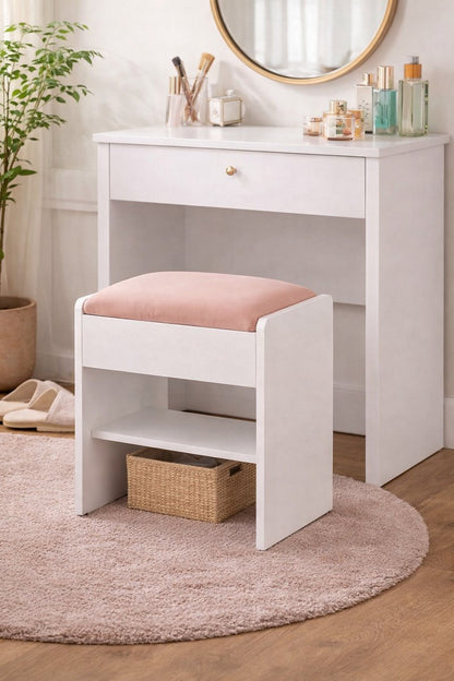 Kaptafel kruk - Make-Up Kruk - Stoel - Krukje Zitmeubelen Gewatteerde Fluwelen - poef met Antislip Voetkussentjes - Wit Roze