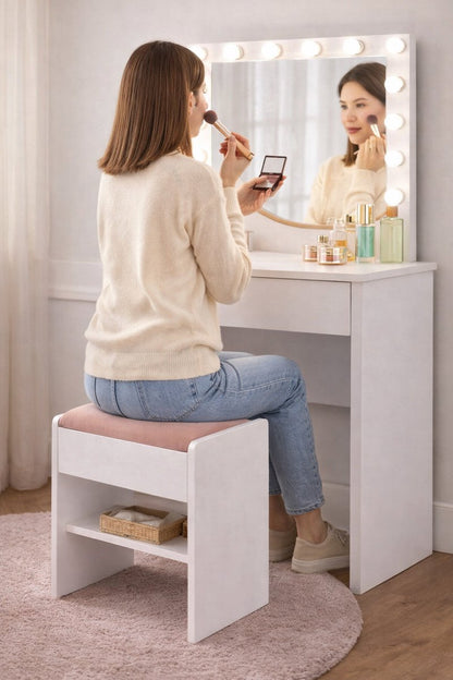 Kaptafel kruk - Make-Up Kruk - Stoel - Krukje Zitmeubelen Gewatteerde Fluwelen - poef met Antislip Voetkussentjes - Wit Roze