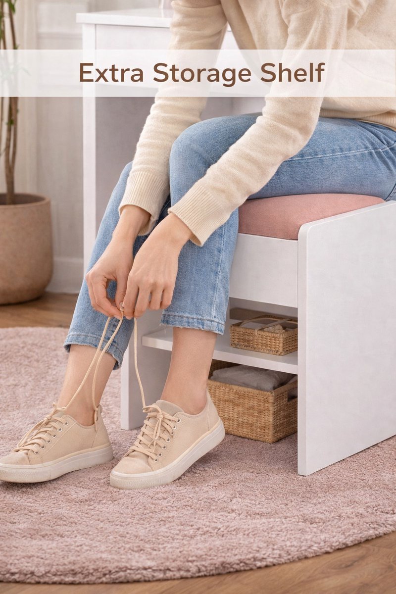 Kaptafel kruk - Make-Up Kruk - Stoel - Krukje Zitmeubelen Gewatteerde Fluwelen - poef met Antislip Voetkussentjes - Wit Roze