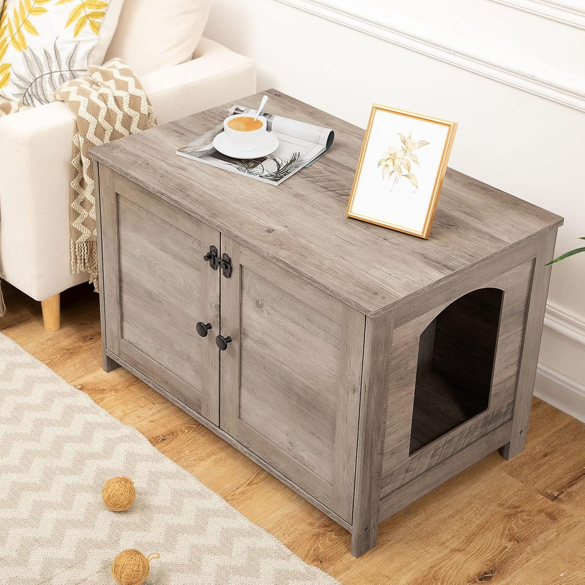 Signature Home Kattenbak Meubel met Deur en Scheidingswand – Kattenbak Kast & Kattenhuis – Stevige Kattenkast met Opbergruimte – Kattenbak Ombouw, Opbergbank & Nachtkastje – Greige