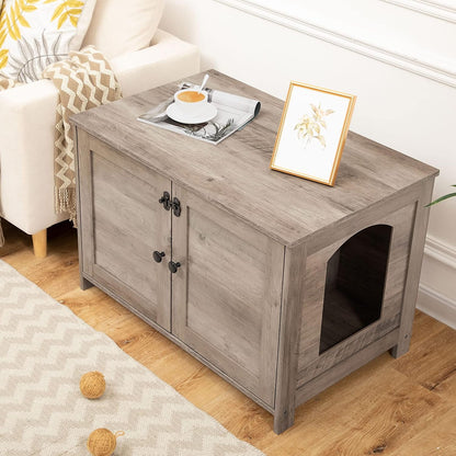 Signature Home Kattenbak Meubel met Deur en Scheidingswand – Kattenbak Kast & Kattenhuis – Stevige Kattenkast met Opbergruimte – Kattenbak Ombouw, Opbergbank & Nachtkastje – Greige