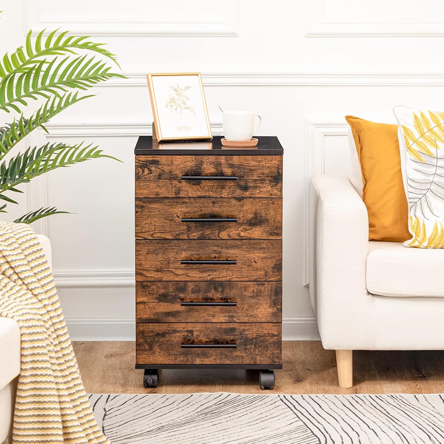 Signature Home Archiefkast met 5 Laden – Verrijdbare Rolcontainer – Houten Ladekast voor Kantoor – Opbergkast met Metalen Frame – Industriële Stijl – Eenvoudige Montage – Vintage Donkerbruin/Zwart