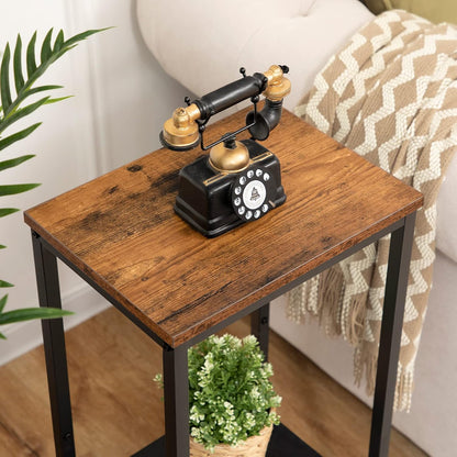 Signature Home Hoge Bijzettafel met Verstelbaar Metalen Roosterplank – Smalle Telefoontafel, Nachtkastje en Banktafel – Industriële Sidetable met Opbergruimte voor Woonkamer, Hal, Slaapkamer en Kantoor – 38 x 28 x 73,5 cm – Donkerbruin