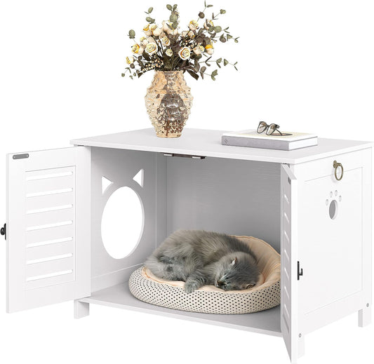 Signature Home Kattenbakmeubel van Hout in Venetiaanse Stijl – Kattenbakkast voor Binnen – Schattige Kattenkopvormige Ingang – Kattenhuis & Kattenbak Omkasting – 60 × 45 × 50 cm – Wit