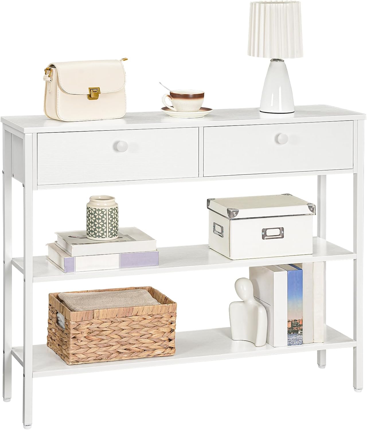 Signature Home Consoletafel met Lade en 2 Opbergplanken, Smalle Haltafel/Sidetable met Stevig Metalen Frame, 100 x 24 x 80 cm, voor Entree, Gang en Woonkamer, Wit