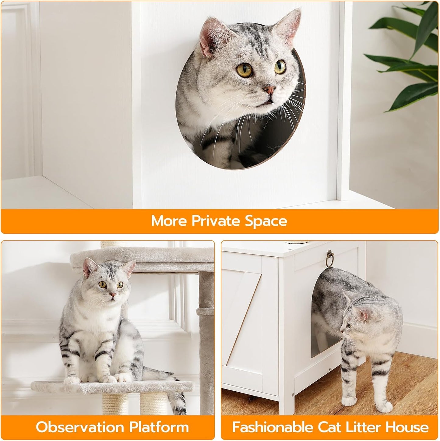 Signature Home Kattenkrabpaal met Kattenbakmeubel 60 x 48 x 151 cm – All-in-One Kattenmeubel met Klimboom, Kattenhuis en Afneembare Pluche Bal – Wit