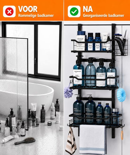Signature Home Hangend Doucherek Zonder Boren - Verstelbaar Doucherek 3 Laags - Shampoohouder voor Douche - Badkamerrek voor Glazen Douchewand - RVS - Zwart