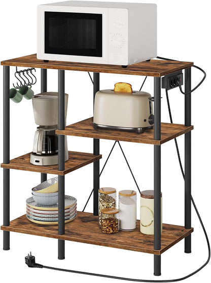 Signature Home Keukenrek met Stopcontacten – Staand Magnetronrek 38 x 80 x 86 cm – Bakkersrek met 5 S-Haken – Opbergrek voor Keuken met Werkblad – Vintage Bruin/Zwart
