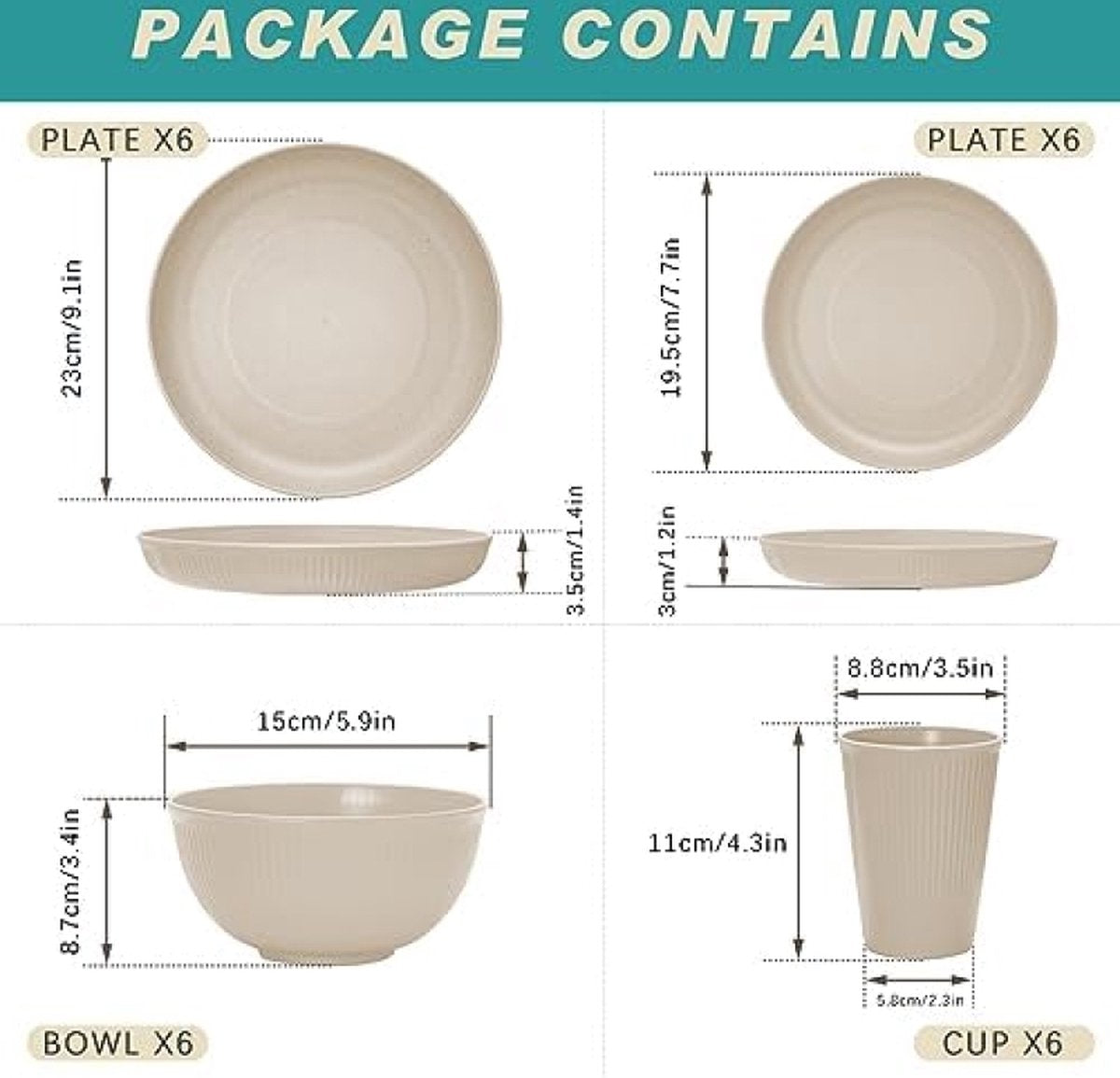 Signature Home 24 stuks onbreekbare serviesset, herbruikbaar, campingserviesset voor 6 personen, plastic servies, picknick, lichte kunststof serveerborden, kommen, bestekset Beige