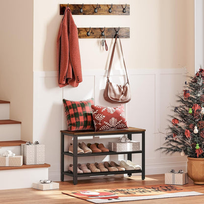 Signature Home Kledingrek met Kledingstang en Opbergplank – Vrijstaand Metalen Garderoberek met Haken – Stevig Industrieel Kledingrek – Multifunctionele Kapstok en Kledingstandaard voor Slaapkamer, Hal en Garderobe – Rustiek Bruin