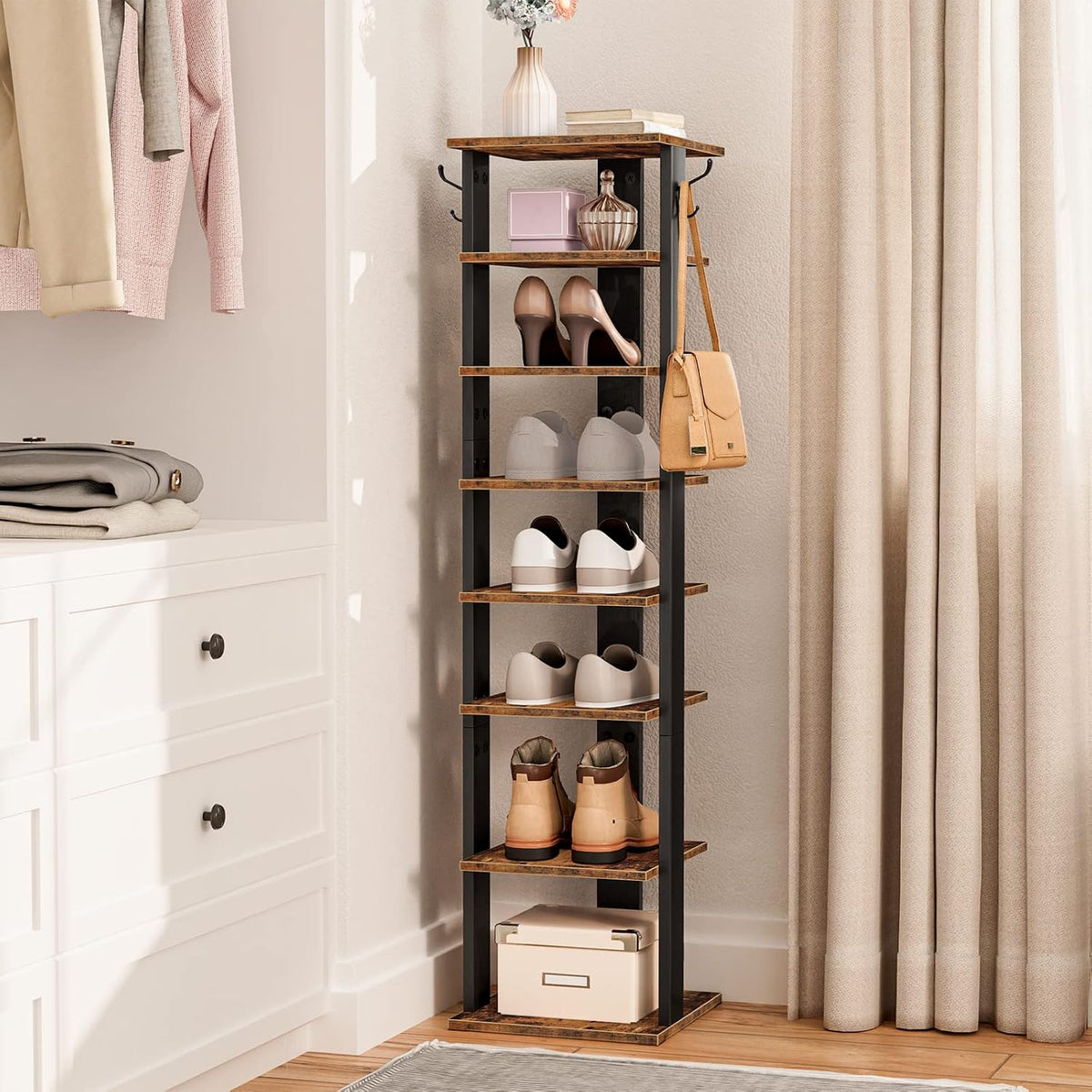 Signature Home Schoenenrek 8 Laags – Smal Schoenenrek met 2 Haken – Ruimtebesparende Schoenenkast – Stevig Schoenenopbergrek met 8 Niveaus – Schoenen Organizer voor Hal, Entree, Woonkamer en Slaapkamer