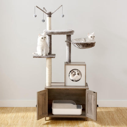 Signaature Home Kattenkrabpaal met Kattenbakmeubel 2-in-1 – 150 cm Hoge Kattenboom met Verborgen Kattenbak, Sisalpalen, Uitneembare Pluche Bal en Kast – Greige