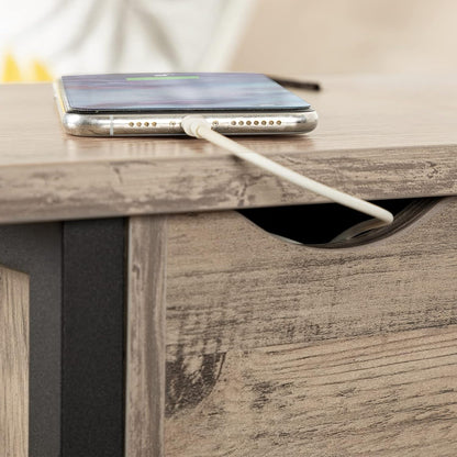 Signature Home Bijzettafel met Oplaadstation en Opbergruimte – Smalle Sofa- en Nachtkasttafel met Opklapbaar Blad – Stopcontacten & USB-poorten – Stevige Bijzettafel voor Woonkamer en Slaapkamer – Greige/Zwart
