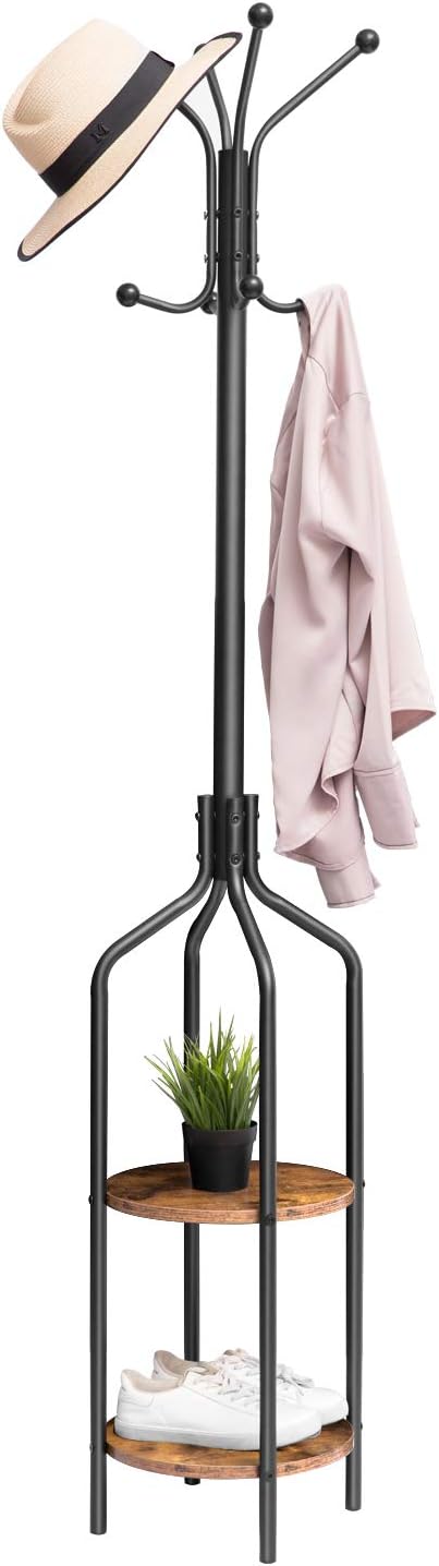 Signature Home Industriële Kapstok Staand – Kledingrek 183 cm Hoog met 8 Haken & 2 Ronde Opbergplanken – Metalen Garderoberek voor Jassen, Hoeden, Sjaals & Tassen – Stevig Stalen Frame – Zwart
