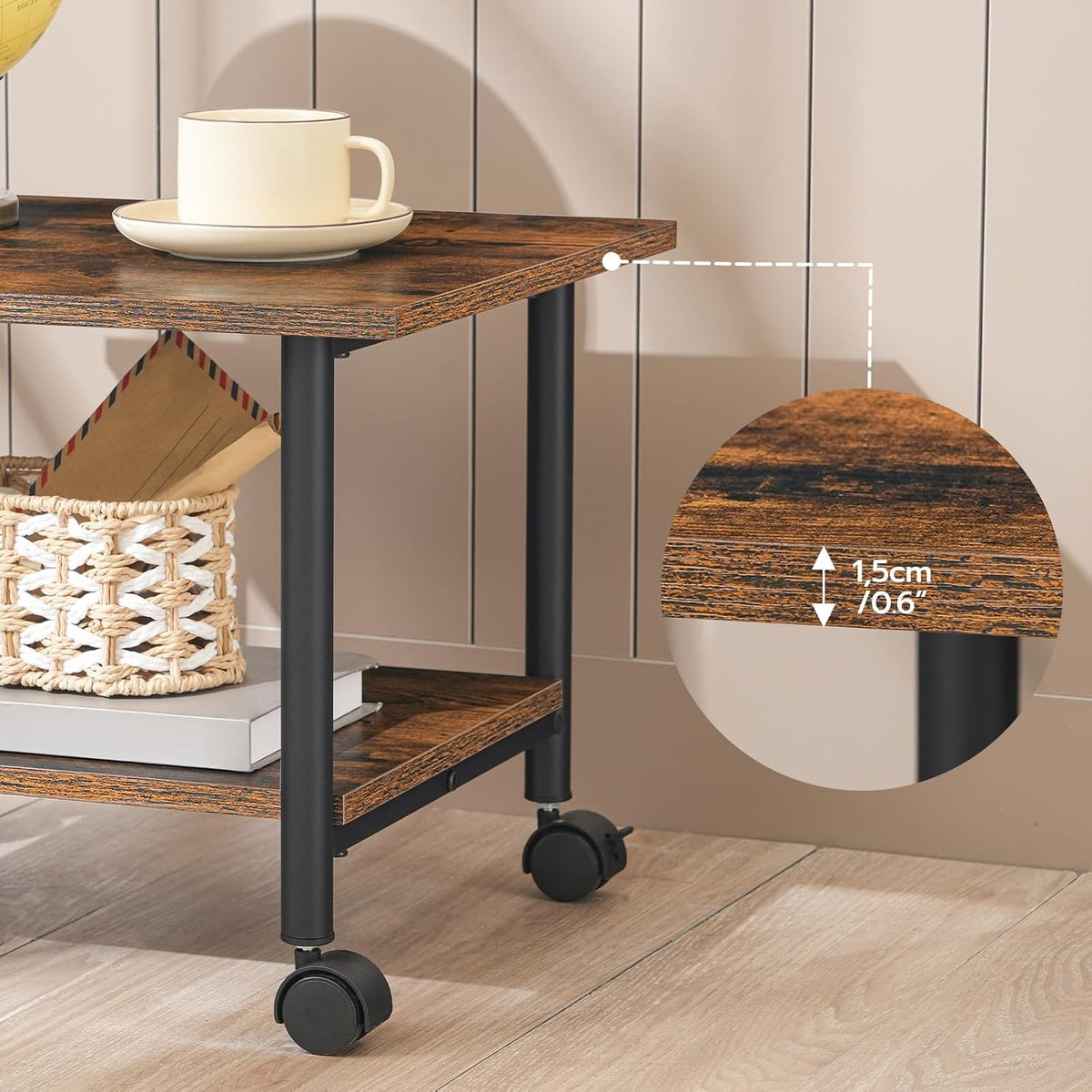 Signature Home Printertafel op Wielen – 2-Laags Printerstandaard met Opbergplank – Verrijdbaar Printerrek met Vergrendelbare Wielen – Stevig Metalen Frame – Industrieel voor Kantoor & Thuis