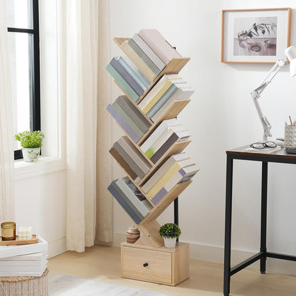 Signature Home 9-Laags Boekenkast met Lade – Vrijstaande Boomvormige Boekenkast, DVD- en Opbergrek voor Woonkamer, Slaapkamer en Kantoor – Naturel Hout & Zwart**