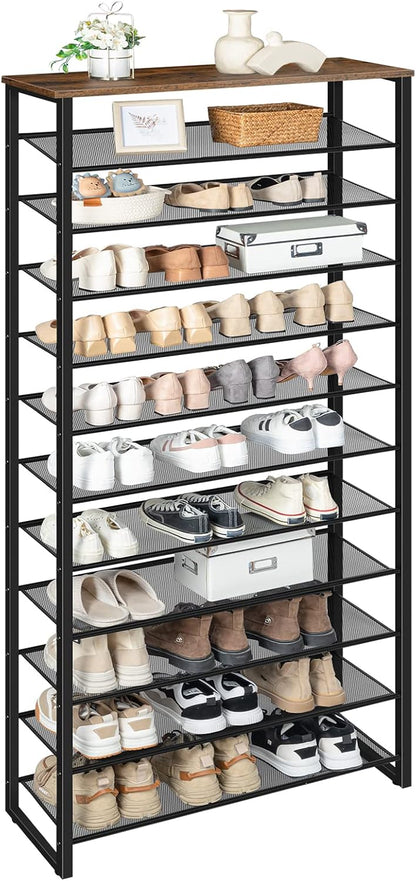 Signature Home Groot Schoenenrek 12-Laags voor 35-45 Paar Schoenen – Hoge Schoenenkast met Metalen Frame, Industriële Stijl, Vintage Bruin/Zwart voor Hal, Woonkamer en Slaapkamer