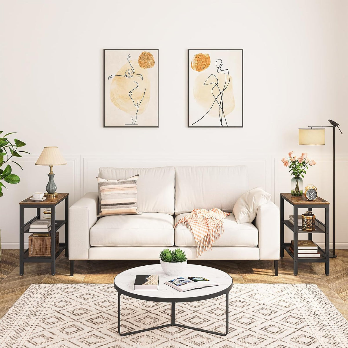 Signature Home 3-Laags Bijzettafel / Nachtkastje met 2 Verstelbare Schuine Planken – Smalle Salontafel met Opbergruimte voor Kleine Ruimtes, Hal, Woonkamer en Slaapkamer – Vintage Bruin/Zwart