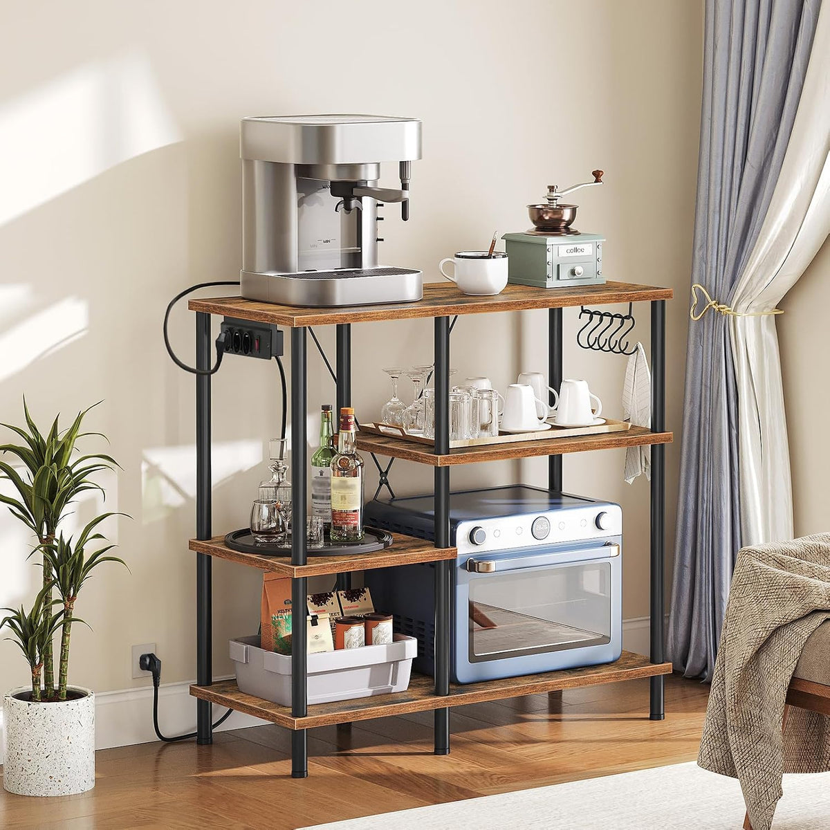 Signature Home Keukenrek met Stopcontacten – Magnetronrek met 5 S-Haken – Staand Keuken Opbergrek met Planken – Bakkersrek en Magnetronstandaard – Industrieel Keukenmeubel voor Keuken en Woonkamer – 38 x 90 x 86 cm – Vintage Bruin/Zwart