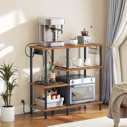Signature Home Keukenrek met Stopcontacten – Magnetronrek met 5 S-Haken – Staand Keuken Opbergrek met Planken – Bakkersrek en Magnetronstandaard – Industrieel Keukenmeubel voor Keuken en Woonkamer – 38 x 90 x 86 cm – Vintage Bruin/Zwart
