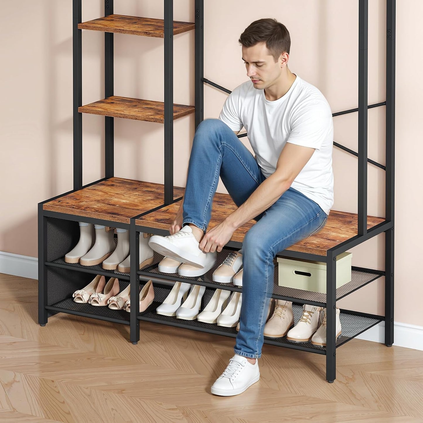Signature Home Kapstok met schoenenrek en zitbank, 9 dubbele haken, 2 zijhaken, 5 planken en zijvak, voor hal, slaapkamer, woonkamer, zwart en vintage bruin